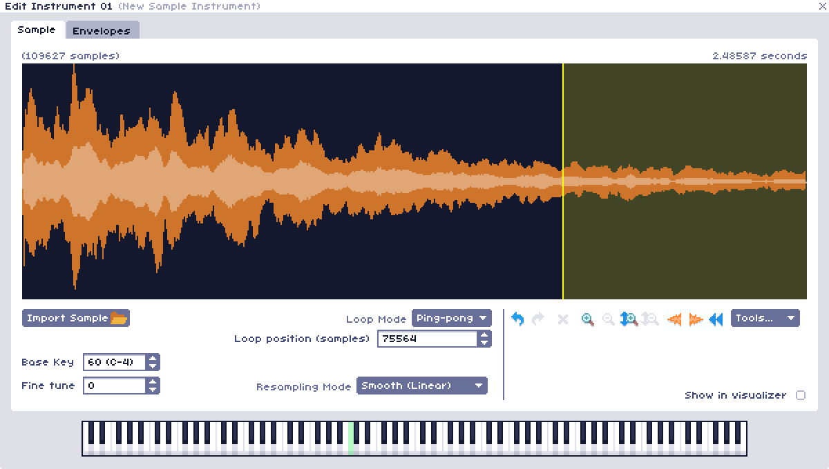 Image of the sample editor, editing an audio sample